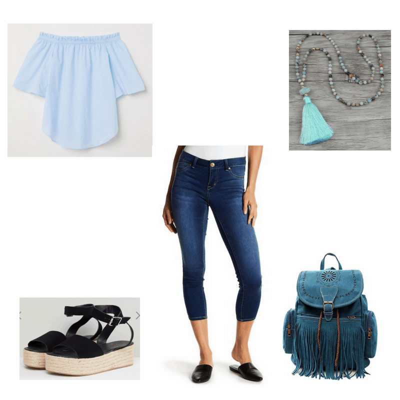 Outfit with blue off-the-shoulder top, cropped jeans, espadrille flatform sandals, blue tassel necklace, and fringe backpack