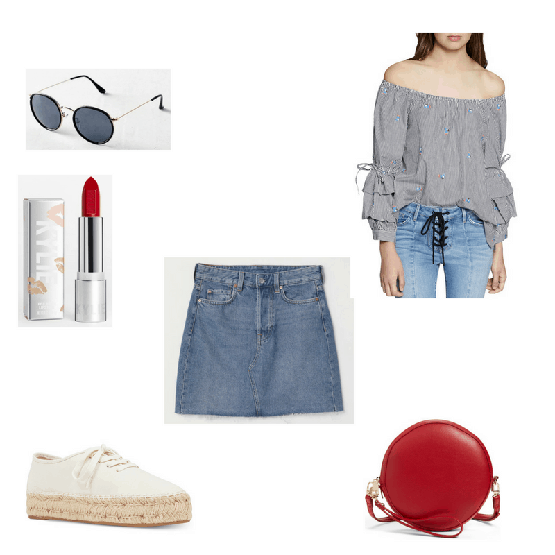 Outfit with off-the-shoulder ruffle top, denim skirt, round sunglasses, espadrille sneakers, red circle crossbody, and red lipstick