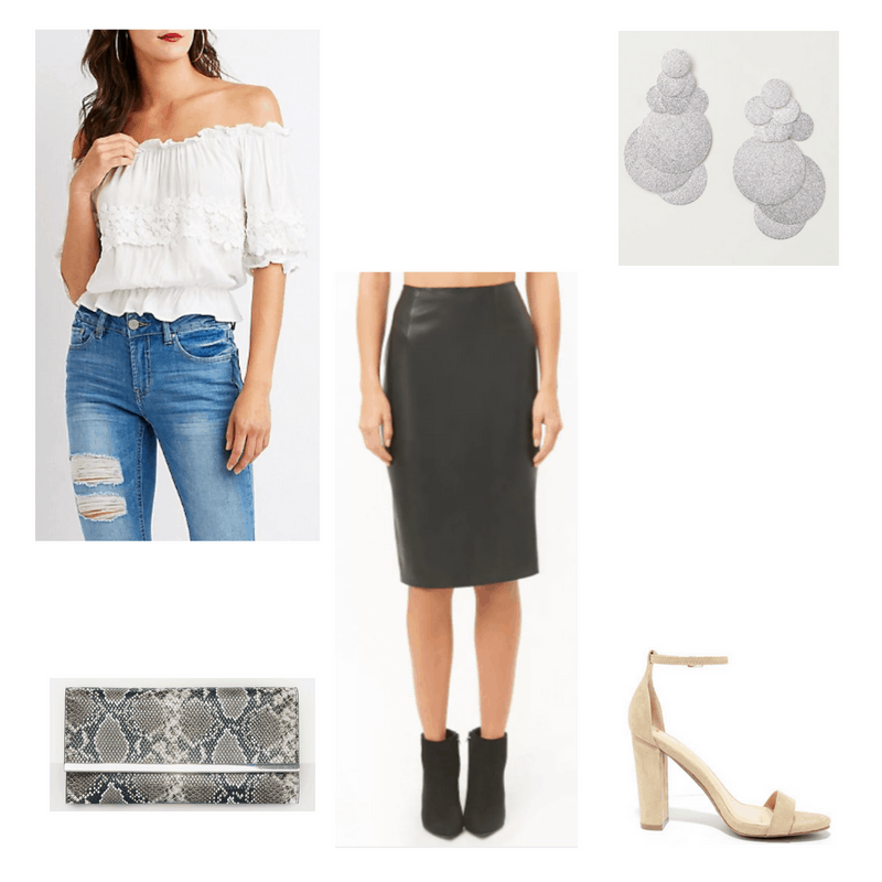 Outfit with white off-the-shoulder top, leather pencil skirt, nude heels, silver earrings, and snakeskin clutch