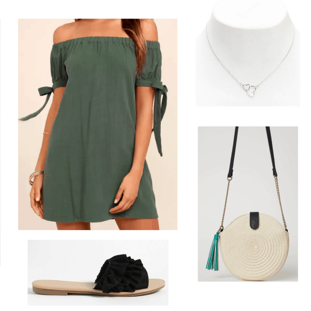 olive off shoulder dress, silver necklace, straw bag, black ruffled slides