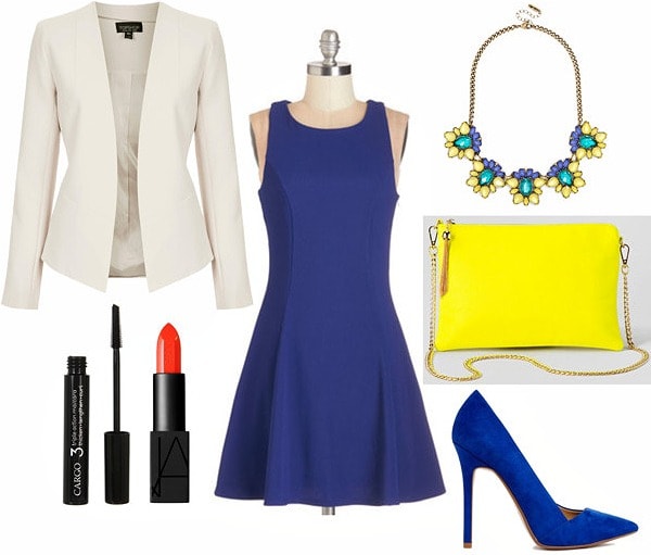Off white blazer, cobalt dress and pumps, statement necklace outfit