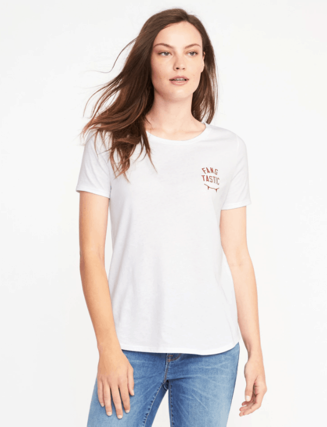 Halloween tee shirt from old navy with the phrase "fang tastic" on the front