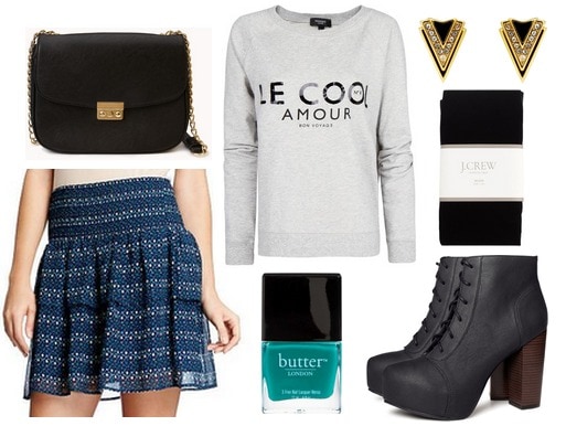 Old navy skirt, graphic sweatshirt, platform boots
