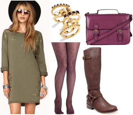 Olive dress, purple tights, purple satchel, riding boots