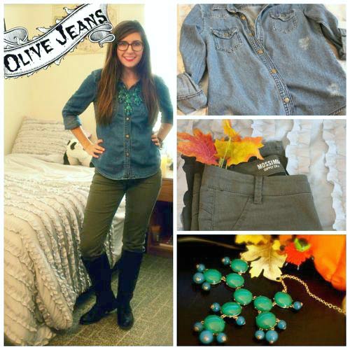 Olive jeans and denim shirt