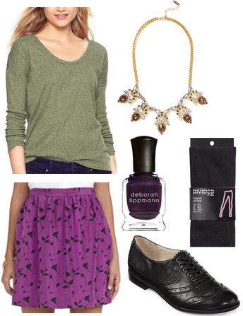 Olive top, purple skirt, oxfords