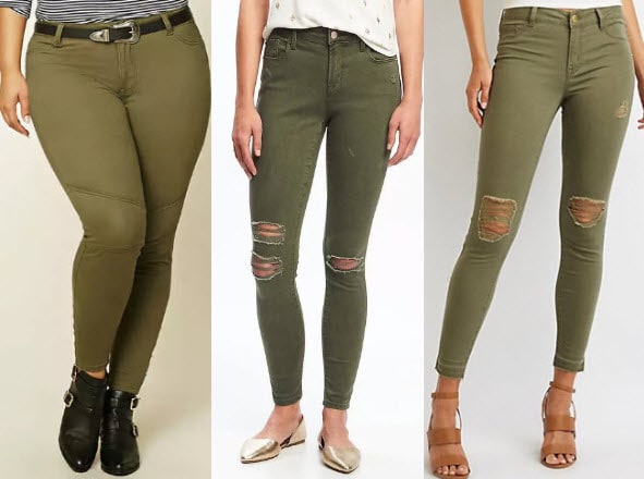 Olive colored denim jeans from Forever 21, Charlotte Russe, and Old Navy.