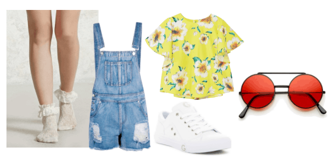 Cute summer outfit idea inspired by Oliver from Ni No Kuni: Wrath of the White Witch: Overall shorts, yellow and white floral tee shirt, white sneakers, red round sunglasses, white ruffle socks