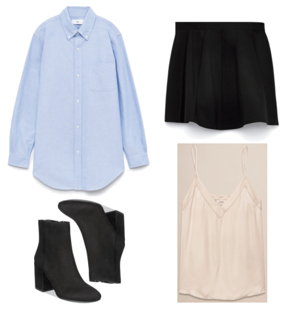 "Turn One Outfit Into Four: Luxe Mash-Up Edition" Outfit #2 featuring tunic-length long-sleeved blue button-up shirt, black block-heel ankle boots with round toe, black a-line mini skirt, pale pink silky camisole with subtle detail around v-neckline