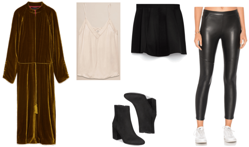 "Turn One Outfit Into Four: Luxe Mash-Up Edition" Outfit #3 featuring dark mustard-yellow long-sleeved long kimono in silk velvet with tasseled tie around waist, mandarin collar, vented hem at both sides, and buttons at cuffs; black faux leather leggings, pale pink silky camisole with subtle detail around v-neckline, black a-line mini skirt, black block-heel ankle boots with round toe