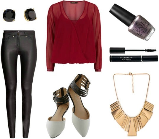 OPI Brazil outfit red blouse leather pants