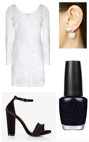 Outfit inspired by OPI's Breakfast at Tiffany's collection - white dress, black heels, earrings