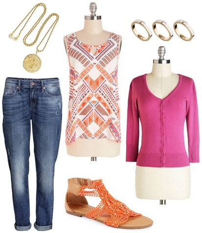 Orange blouse, magenta cardigan, jeans