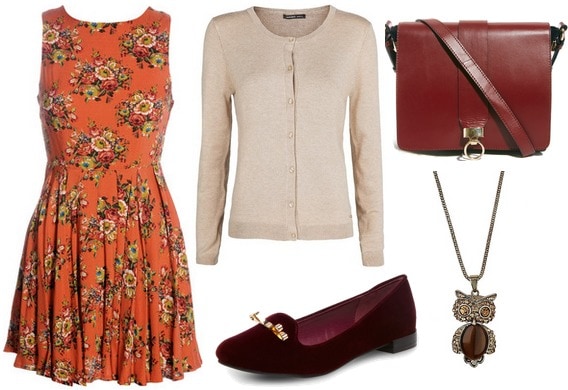 Orange dress, cardigan, burgundy bag