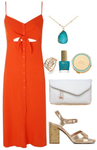 How to wear an orange button front midi dress for a night out with turqouise jewelry, blue nail polish, gold cuff, white chain strap bag, and gold and cork sandals