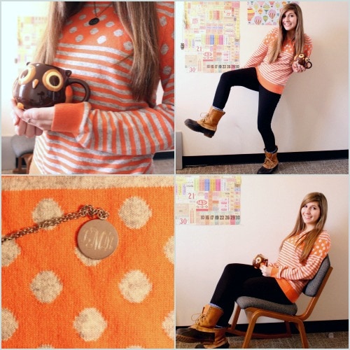 Orange patterned sweater and bean boots