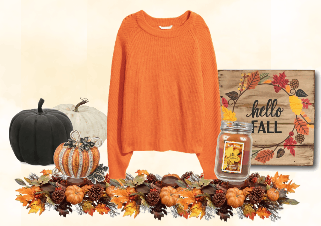 Orange rib-knit sweater with pumpkin, foliage, and fall things.