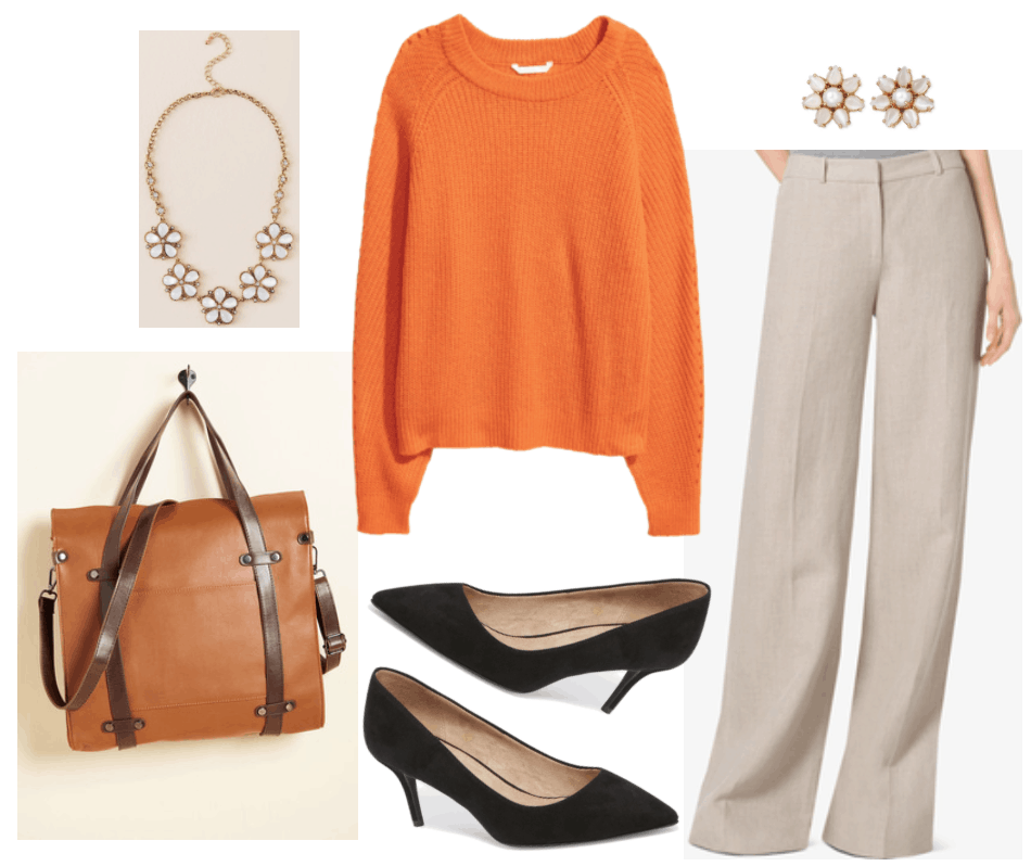 Orange sweater outfit 2: Orange rib-knit sweater styled in a business casual outfit with wide-leg beige trousers and black pumps.