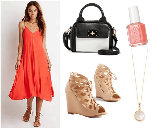 Orange slip dress with tan wedges, bw bag, nail polish, and necklace