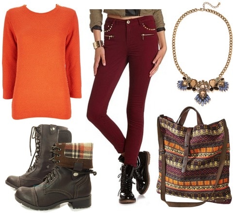 Orange sweater, burgundy skinnies, combat boots