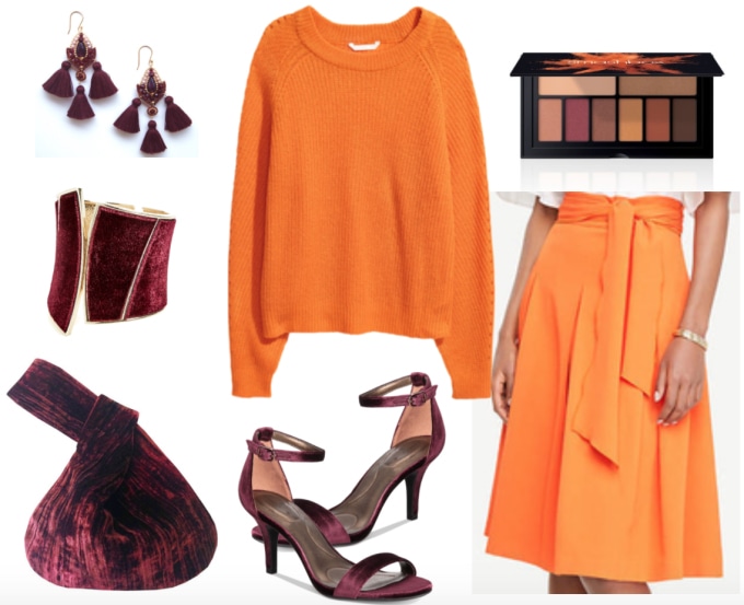 Orange sweater outfit: Bold way to wear an orange sweater with orange midi skirt, burgundy shoes, a burgundy velvet bag, and dark red jewelry