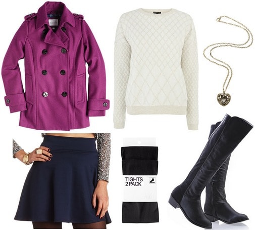 Orchid coat, navy skirt, sweater, riding boots