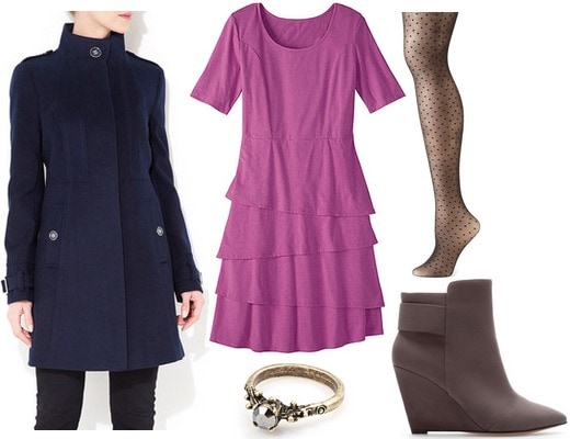 Orchid dress, navy coat, wedge booties