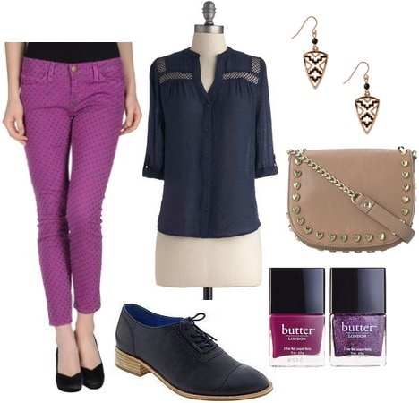 Orchid jeans, navy blouse, navy oxfords