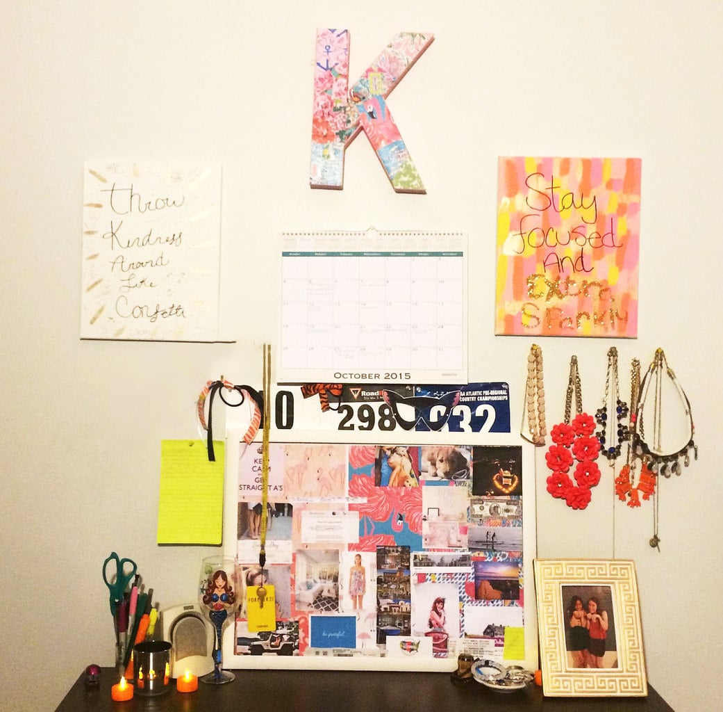 Organized college desk with vision board