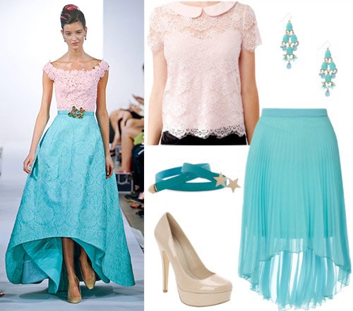 Oscar de la Renta outfit 2: Turquoise skirt, light pink lace top, beige heels