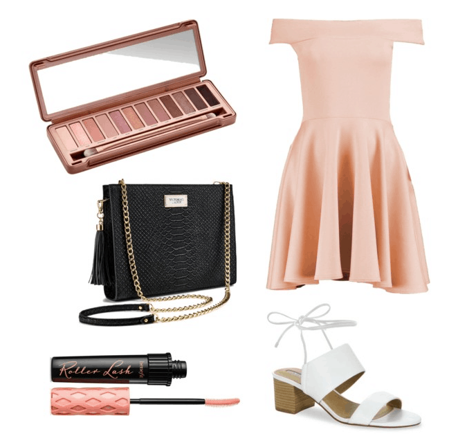 Pink off shoulder dress, black chain strap bag, nude palette, white shoes