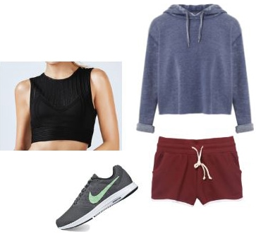 Athletic fashion: Cropped hoodie, crop top, shorts, running shoes
