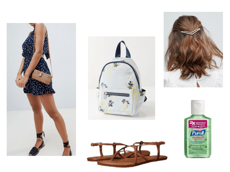 white polka dotted navy romper, light blue mini backpack, brown sandals, gold arrow hair pin, hand sanitizer