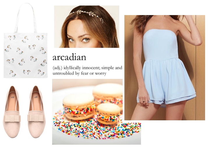 Sweet outfit idea: Pink loafers, unicorn tote, light blue romper, jeweled headband