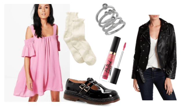 Outfit inspired by Cindy from Kindergarten video game: pink swing dress, Too Faced Melted Lip liquid lipstick in pink, black double strapped mary jane platforms, short white ruffled socks, stacked ring set, faux leather jacket