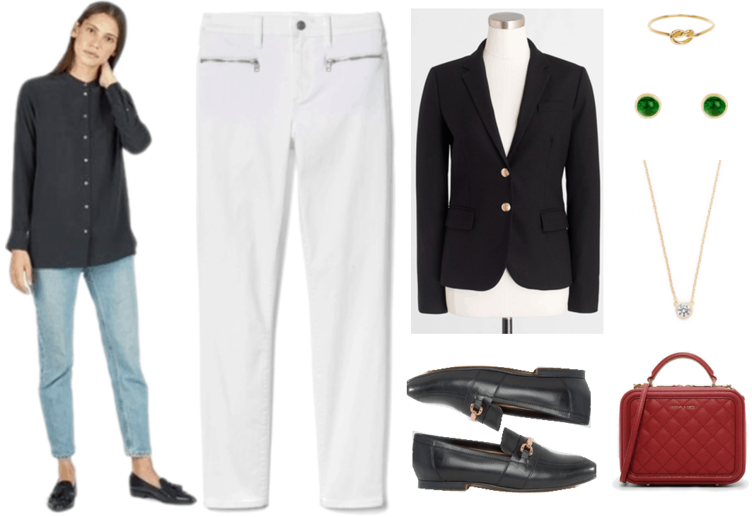 "Four Timeless and Chic Outfits Based on My Mom's Fashion Advice" Outfit #1 featuring black collarless button-up blouse, white skinny jeans with zip pockets, black blazer with gold buttons, black loafers with gold hardware, gold knot ring, gold stud earrings with green onyx stones, gold solitaire necklace with clear stone, red quilted box bag