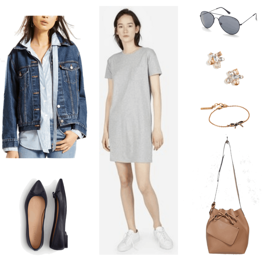 "Four Timeless and Chic Outfits Based on My Mom's Fashion Advice" Outfit #2 featuring boyfriend denim jacket in medium wash, black pointed-toe flats with bow, gray short sleeved t-shirt dress with pocket at left side, black aviator sunglasses with gray lenses, pale pink and clear crystal cluster earrings, gold bow bracelet with clear stones, tan bucket bag with pouch