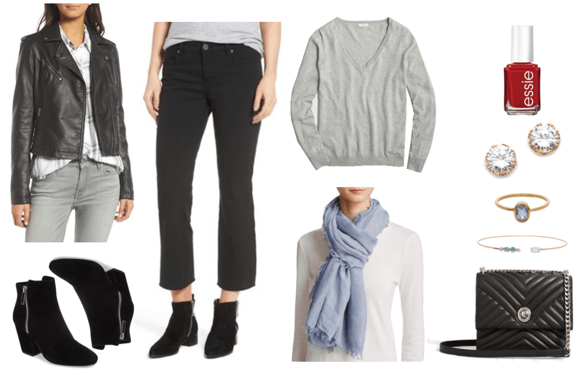 "Four Timeless and Chic Outfits Based on My Mom's Fashion Advice" Outfit #4 featuring black faux leather motorcycle jacket, black ankle boots with chunky low heel and silver zipper, black cropped-flare jeans, gray v-neck sweater, pale blue scarf with fringe, Essie Nail Color in "A-List," a classic red, gold earrings with round clear stones, gold ring with oval pale blue topaz stone, gold skinny cuff bracelet with clear, green, blue, and pale blue holographic stones, black quilted bag with silver hardware and chain-strap