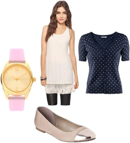 Outfits Under $100: White dress, black polka dot top, silver toe flats, pastel pink watch
