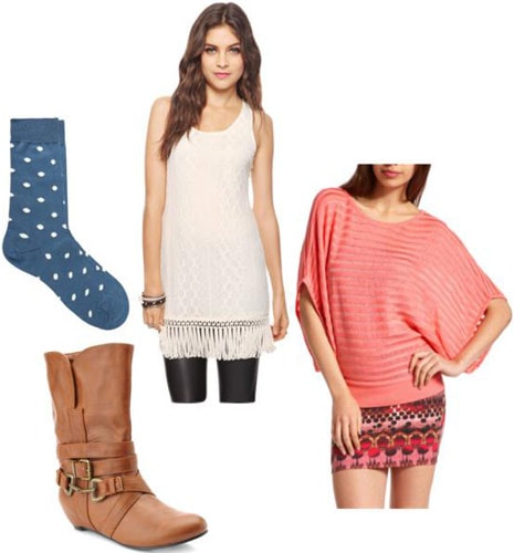 Outfits Under $100: White dress, brown buckled boots, pink sweater, blue statement socks