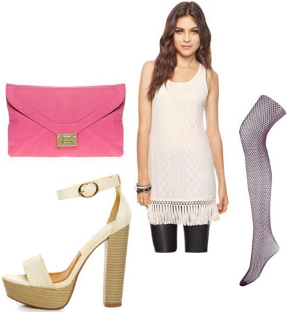 Outfits Under $100: White dress, pink clutch, platform sandals, tights