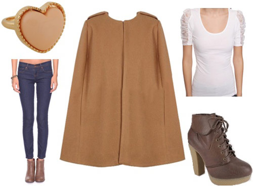 Outfits Under $100 - Coats: Camel cape, skinny jeans, basic white shirt, ankle boots