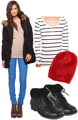 Outfits Under $100 - Coats: Black parka, striped shirt, red beanie, boots