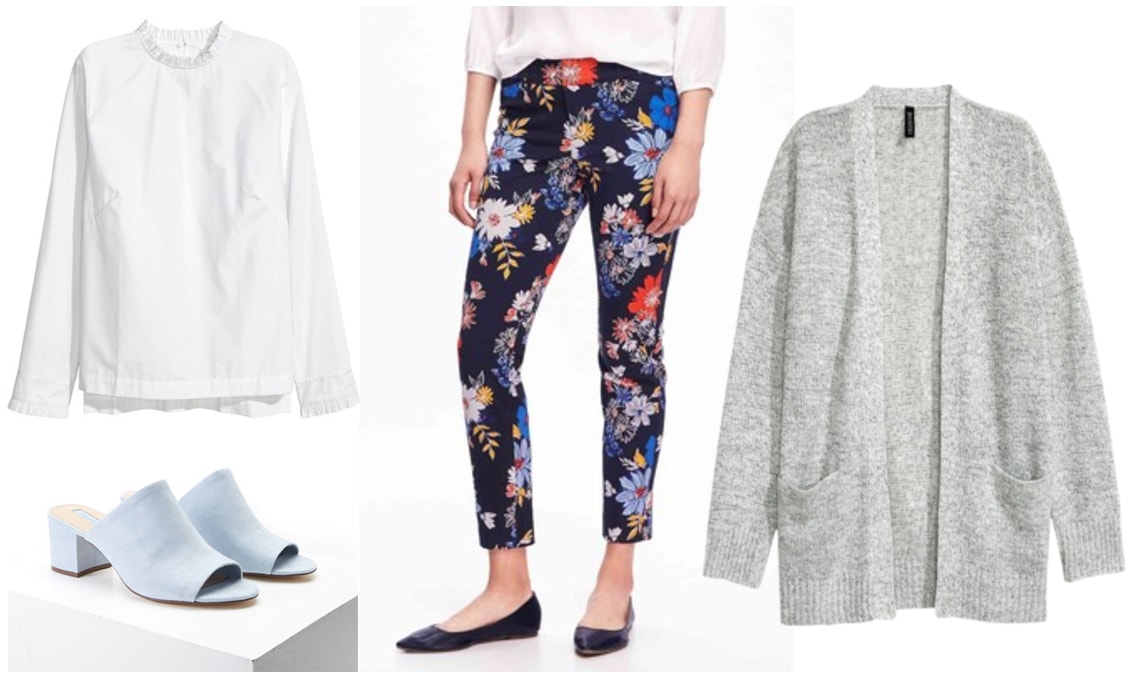 Outfit idea for a chilly spring day: White blouse, floral trousers, oversized gray cardigan, light blue suede mules