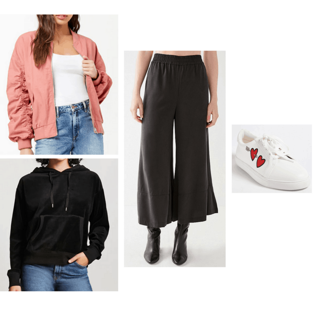 bomber jacket, culotte, sneakers, velvet hoodie, athleisure