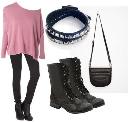 Night out outfit under $100 - loose sweater, skinny jeans, boots, bracelet, cross-body bag