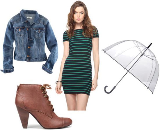 Outfits Under $100: What to wear on a rainy day on campus - Striped dress, jean jacket, ankle booties, bubble umbrella