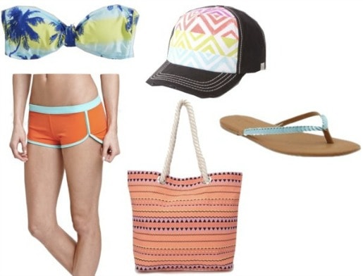 Outfits under $100: tropical bikini, board shorts, baseball cap