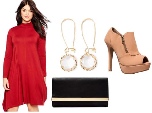 Read dress with gemstone drop earrings, tan booties, and black clutch