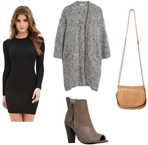 Bodycon black dress, gray cardigan, charcoal booties, tan crossbody